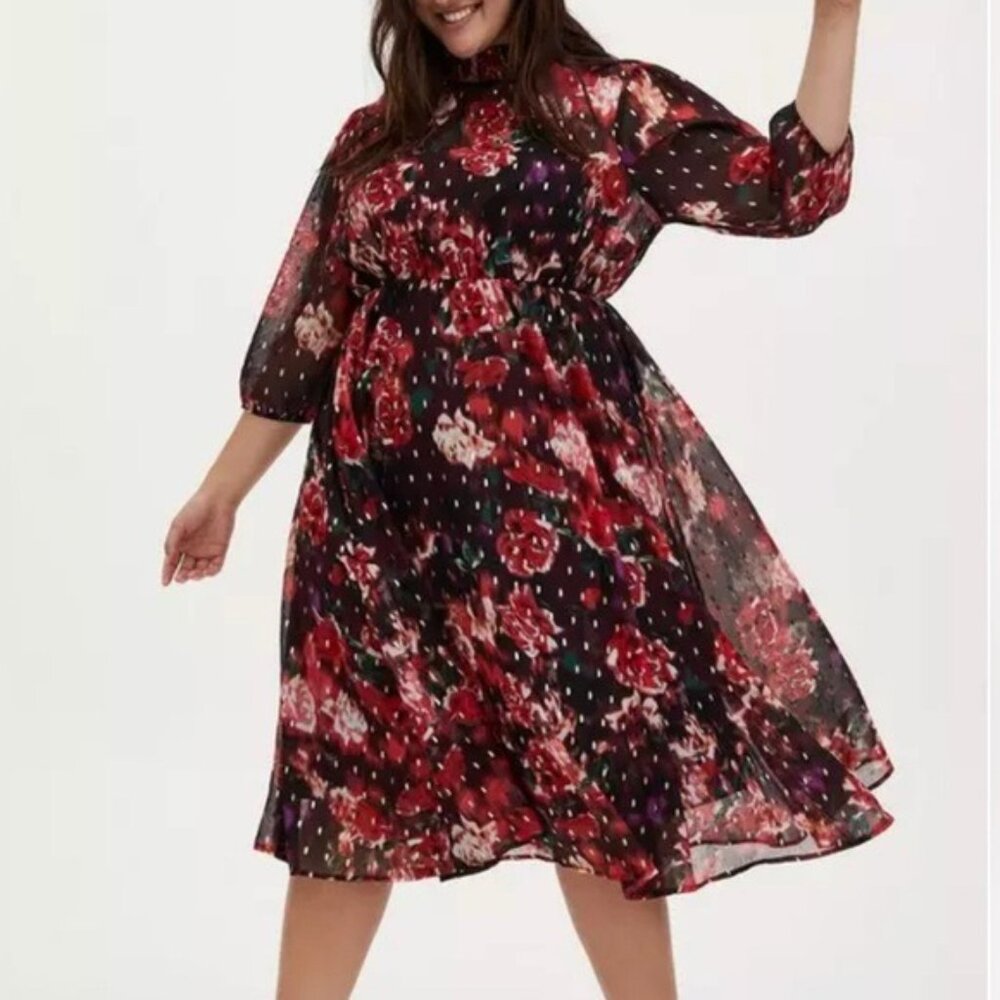 Torrid Burgundy Clip Dot Floral Mock Neck Chiffon Dress NWT 3X Fall Sheer Layer